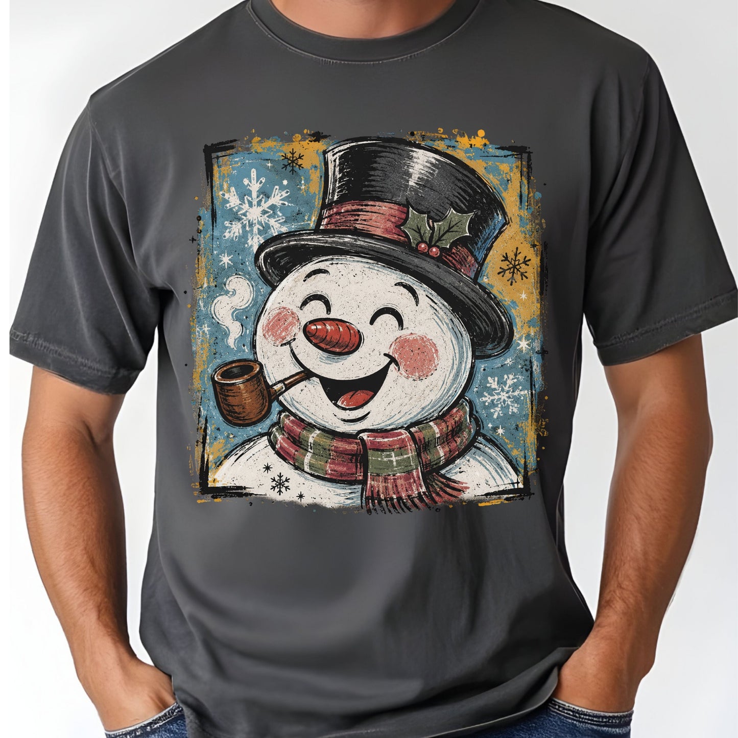 Vintage Snowman Christmas T-Shirt, Top Hat Pipe Snowflakes Scarf Comfort Color Tee