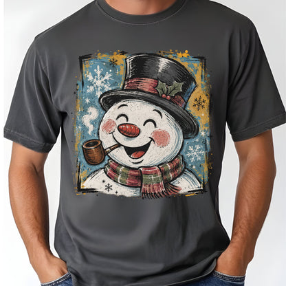 Vintage Snowman Christmas T-Shirt, Top Hat Pipe Snowflakes Scarf Comfort Color Tee