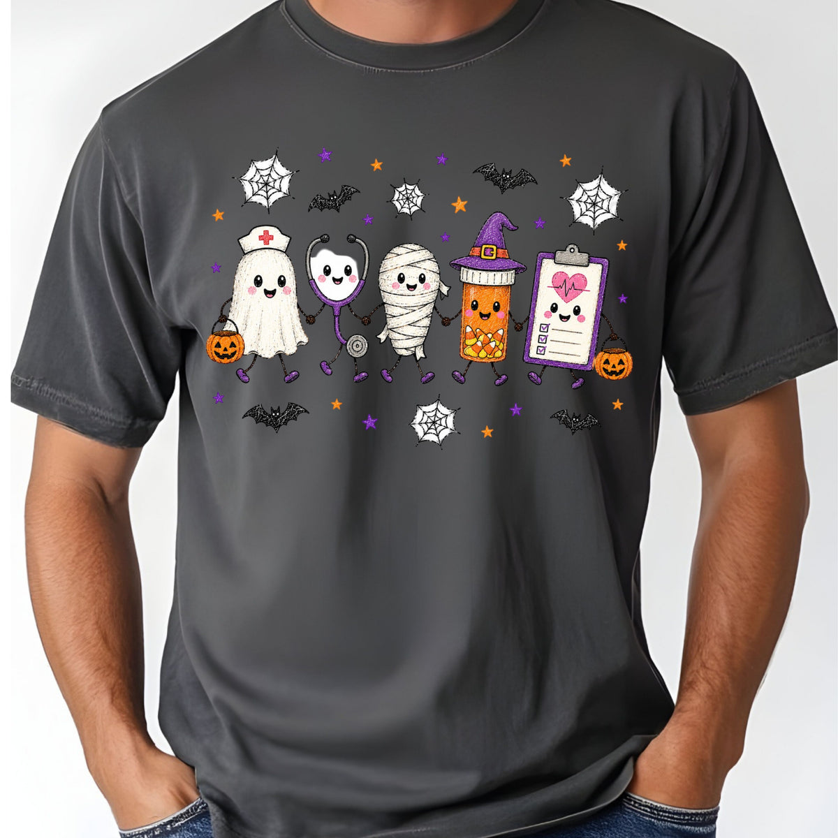 Spooky Nurse Squad Halloween Medical T-Shirt, Ghost Stethoscope Pill Bottle Tee