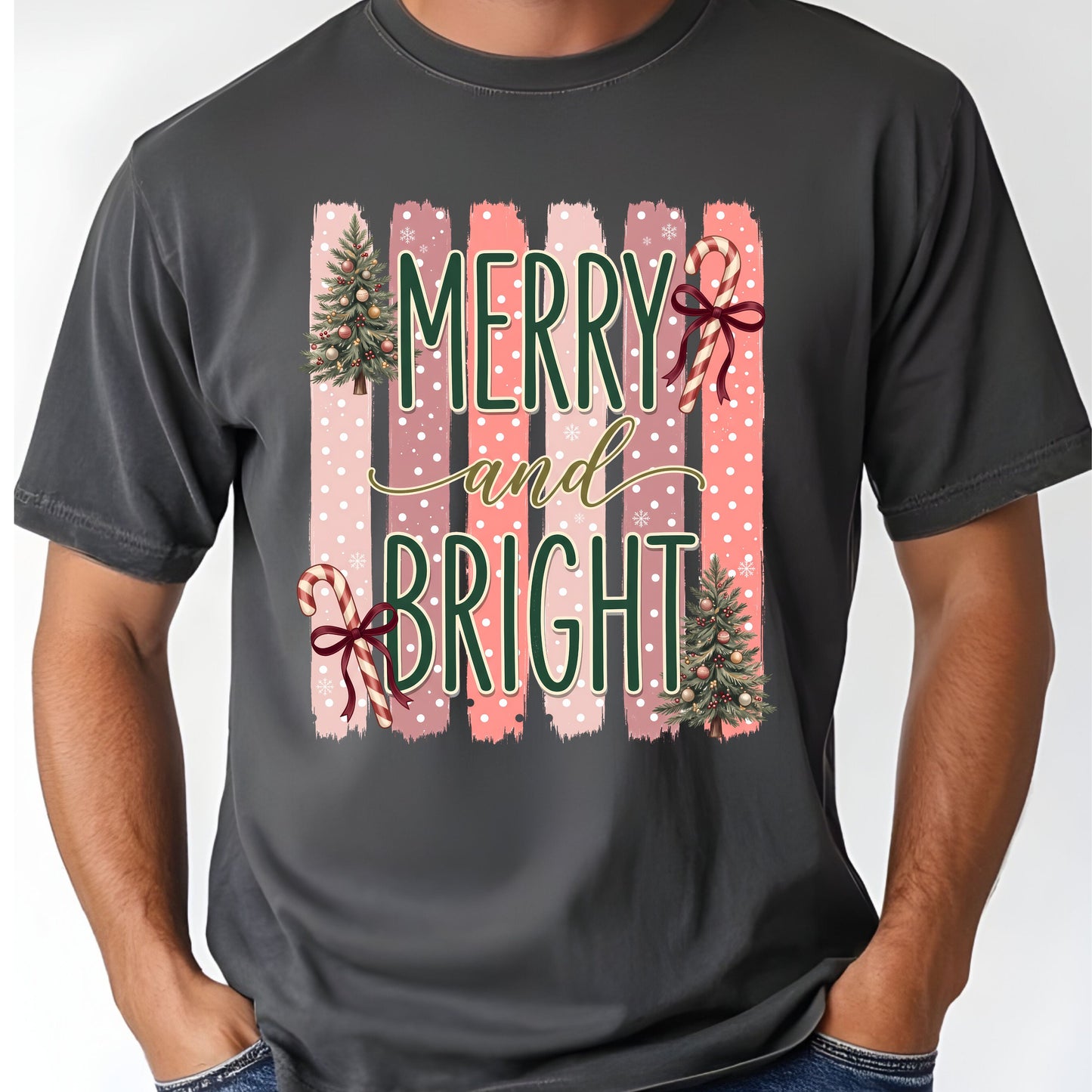 Merry and Bright Comfort Colors T Shirts Cute Christmas Tree Tees Pink Candy Cane Shirt Festive Holiday Winter Graphic Hoodie