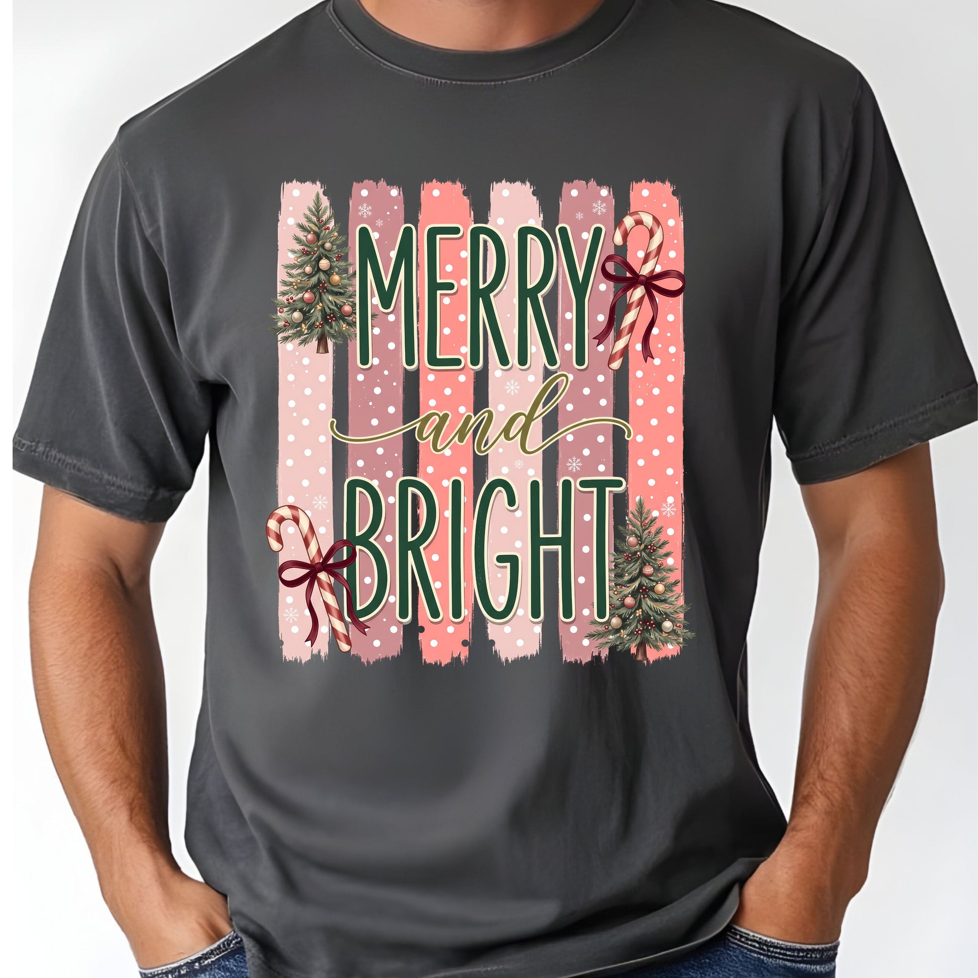 Merry and Bright Comfort Colors T Shirts Cute Christmas Tree Tees Pink Candy Cane Shirt Festive Holiday Winter Graphic Hoodie