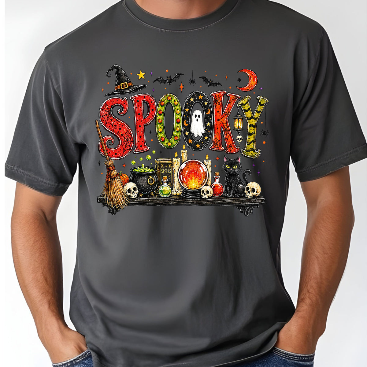 Halloween Witch Shelf Black Cat T-Shirt, Crystal Ball Cauldron Potion Skull Spooky Tee