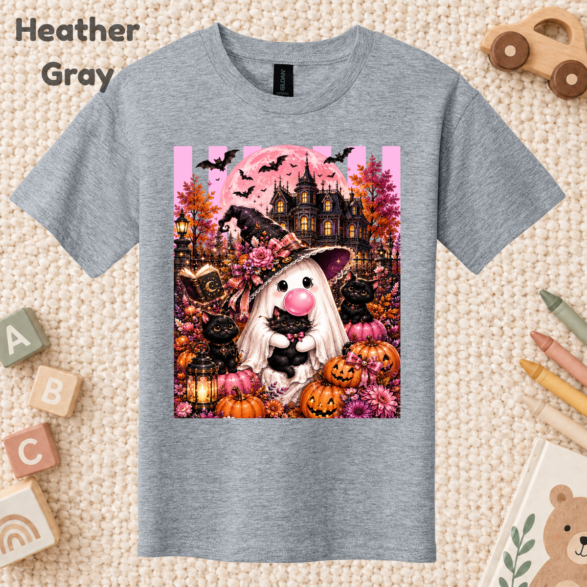Pink Ghost Halloween T-Shirt, Witch Ghost Bubble Gum Black Cat Spooky Cute Tee for Toddler and Kids