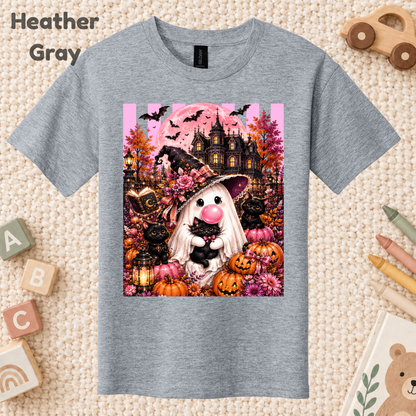 Pink Ghost Halloween T-Shirt, Witch Ghost Bubble Gum Black Cat Spooky Cute Tee for Toddler and Kids