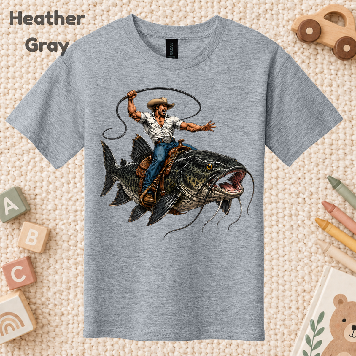 Cowboy Riding Catfish T-Shirt, Funny Fishing Rodeo Southern Graphic Tee for Toddler and Kids