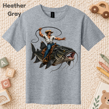 Cowboy Riding Catfish T-Shirt, Funny Fishing Rodeo Southern Graphic Tee for Toddler and Kids