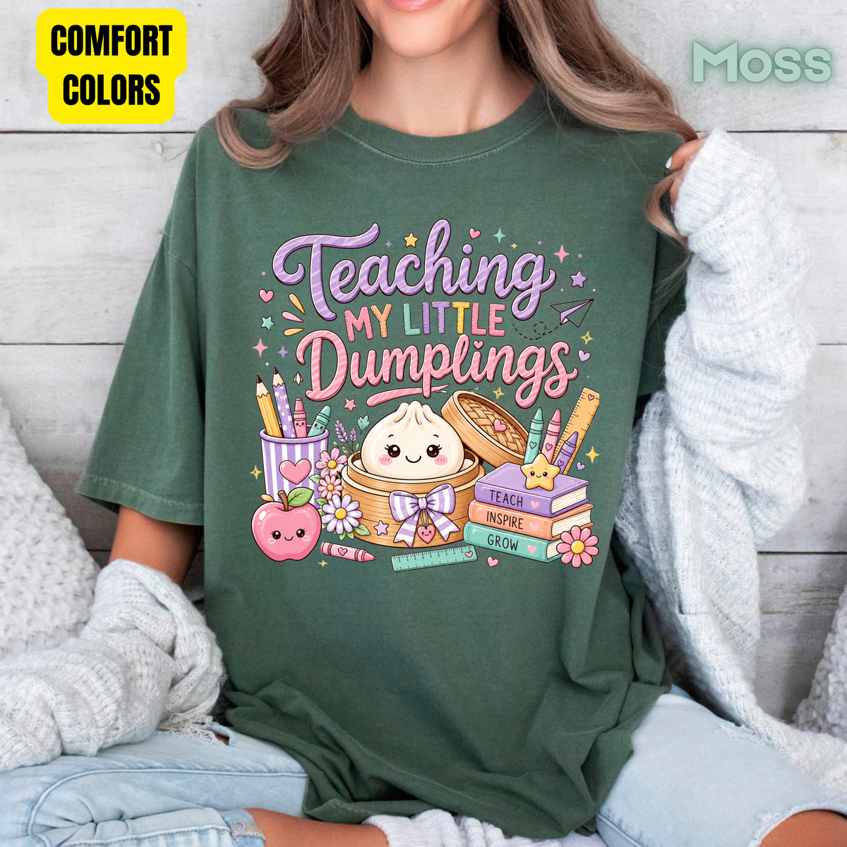 Teaching My Little Dumplings Teacher T-Shirt, Cute Pastel Kawaii School Life Tee