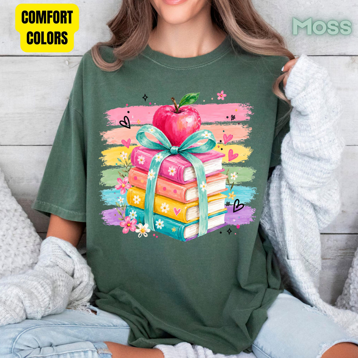 Coquette Stacked Books Teacher T-Shirt, Apple Ribbon Colorful Brushstrokes Comfort Color Tee