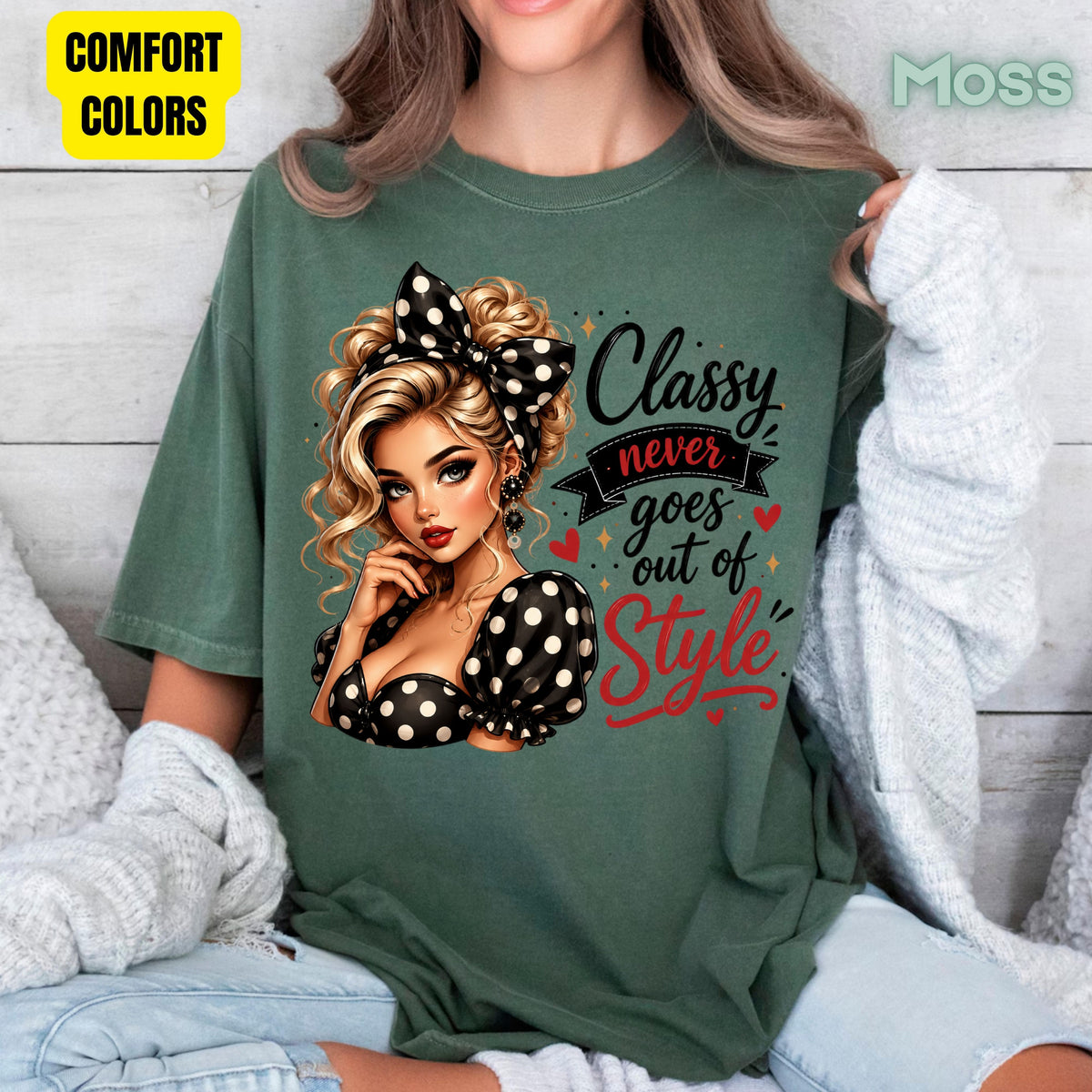 Classy Never Goes Out of Style Pinup Girl T-Shirt, Vintage Polka Dot Bow Tee Sweatshirt