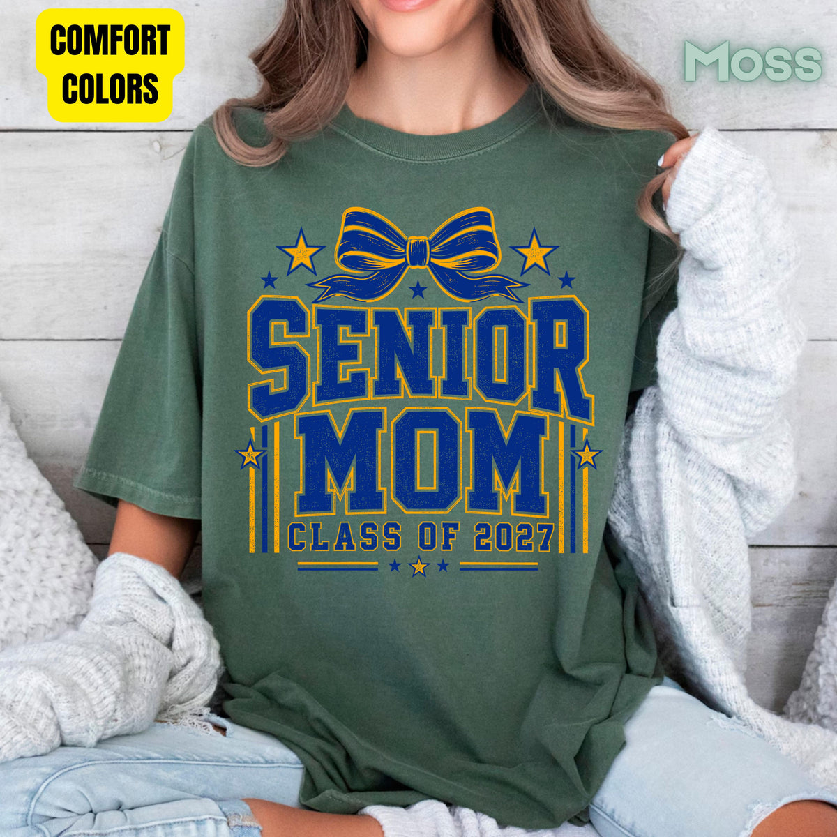 Senior Mom 2027 Royal Blue Yellow Cheer Bow T-Shirt, Varsity Graduation Mother Tee