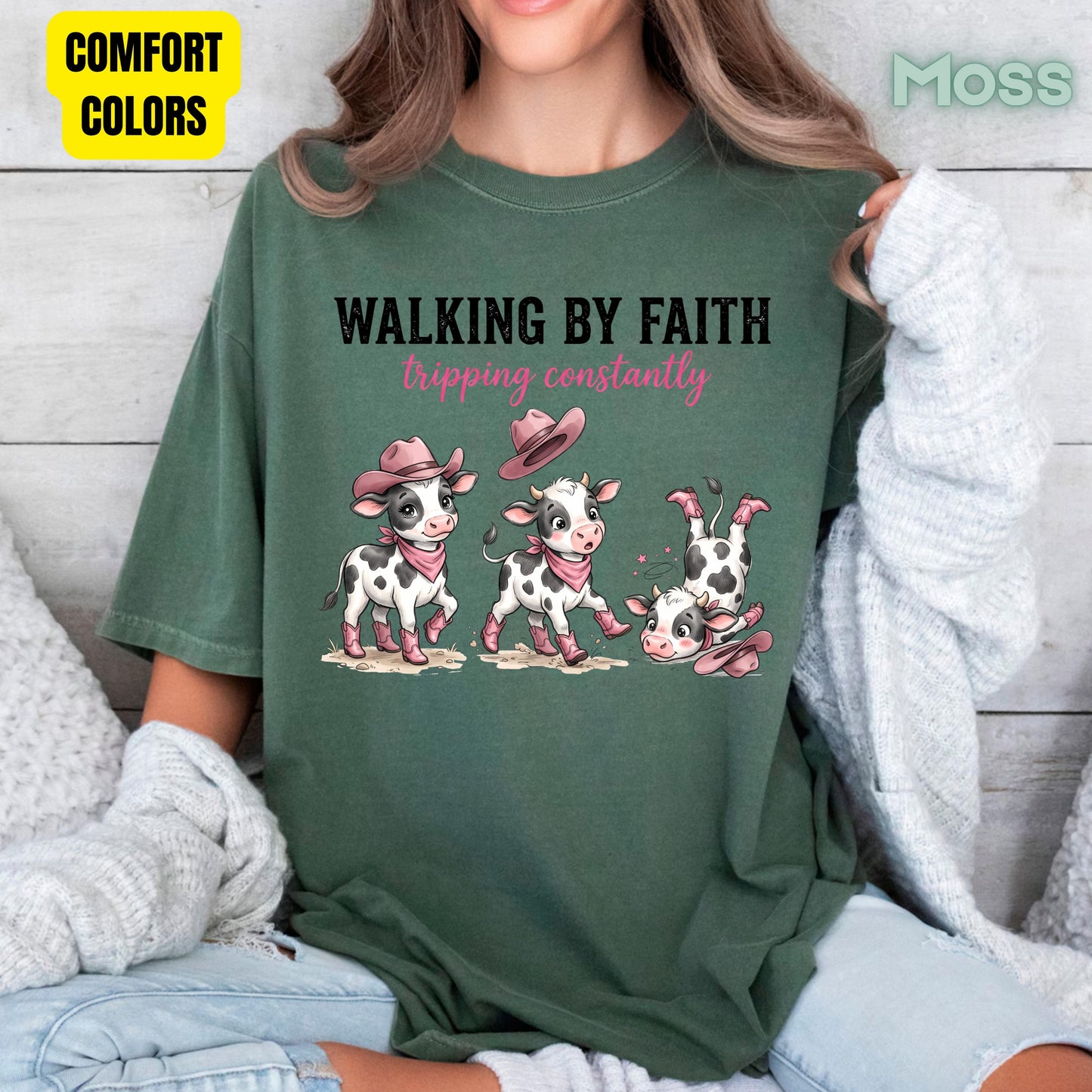 Funny Western Cow Walking by Faith T-Shirt, Pink Cowboy Boots Christian Humor Tee
