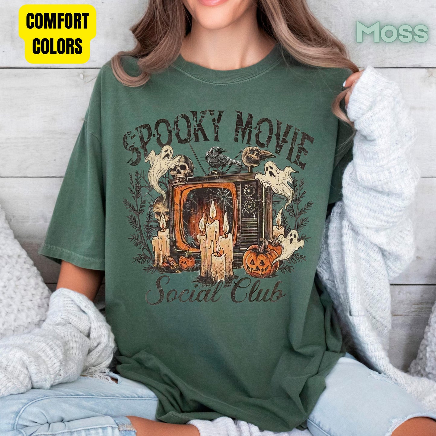 Spooky Movie Social Club Vintage Horror T-Shirt, Ghosts Pumpkin Candles Halloween Tee
