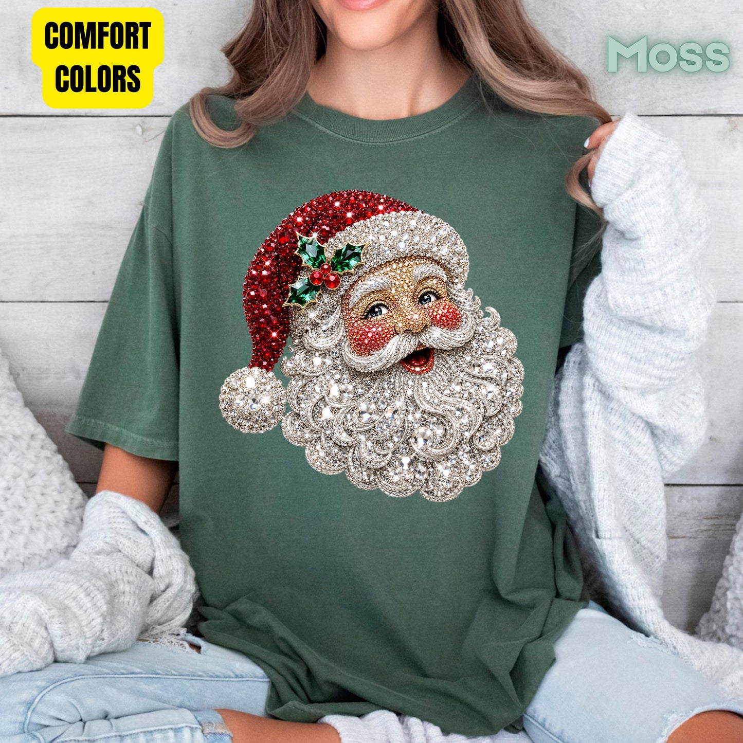 Christmas Santa Claus Vintage T-Shirt, Bejeweled Rhinestone Santa Head Festive Holiday Tee
