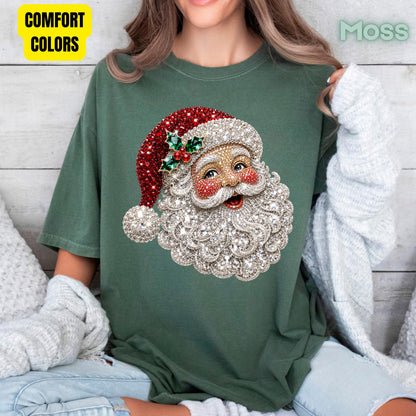 Christmas Santa Claus Vintage T-Shirt, Bejeweled Rhinestone Santa Head Festive Holiday Tee