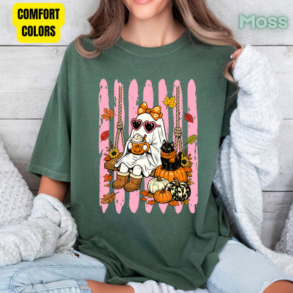 Pink Halloween Ghost Comfort Colors T Shirts Cute Spooky Swing Tee Pumpkin Spice Latte Black Cat Shirt Autumn Fall Graphic Hoodie