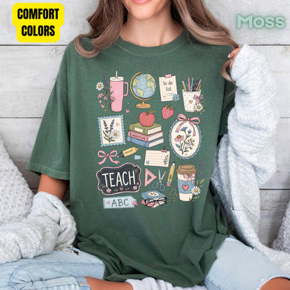 Cute Teacher Supplies Coquette T-Shirt, Books Coffee Globe Pink Bows Back to School Tee