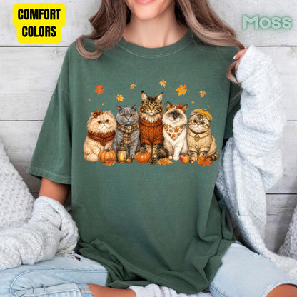 Autumn Cats Comfort Colors T Shirts Cute Fall Sweater Kitty Tee Cozy Pumpkin Cat Lover Shirt Seasonal Leaves Graphic Hoodie