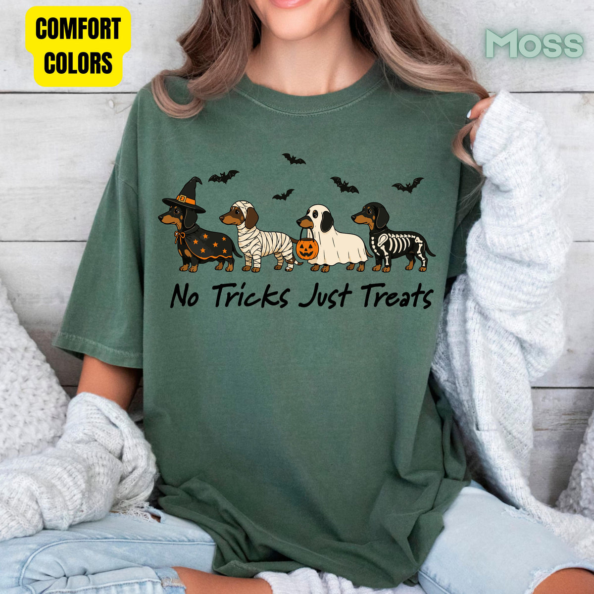 Dachshund Halloween Comfort Colors T Shirts No Tricks Just Treats Costume Tee Cute Ghost Mummy Witch Skeleton Dog Shirt Spooky Wiener Dog Hoodie