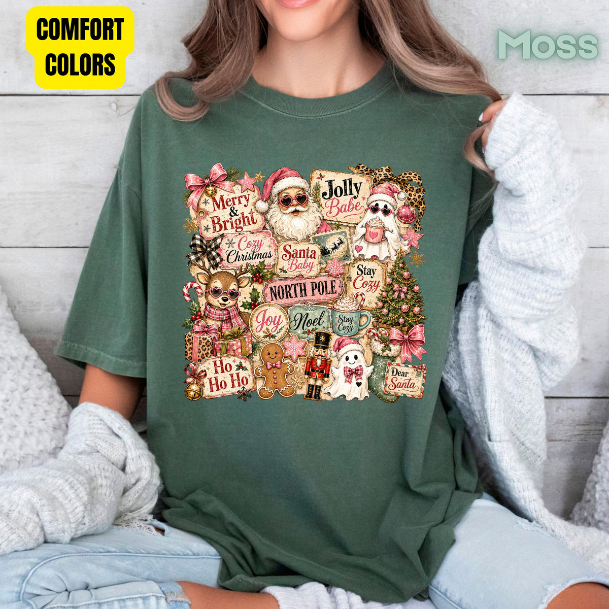 Cozy Pink Christmas Collage T-Shirt, Santa Reindeer Gingerbread Nutcracker North Pole Holiday Tee
