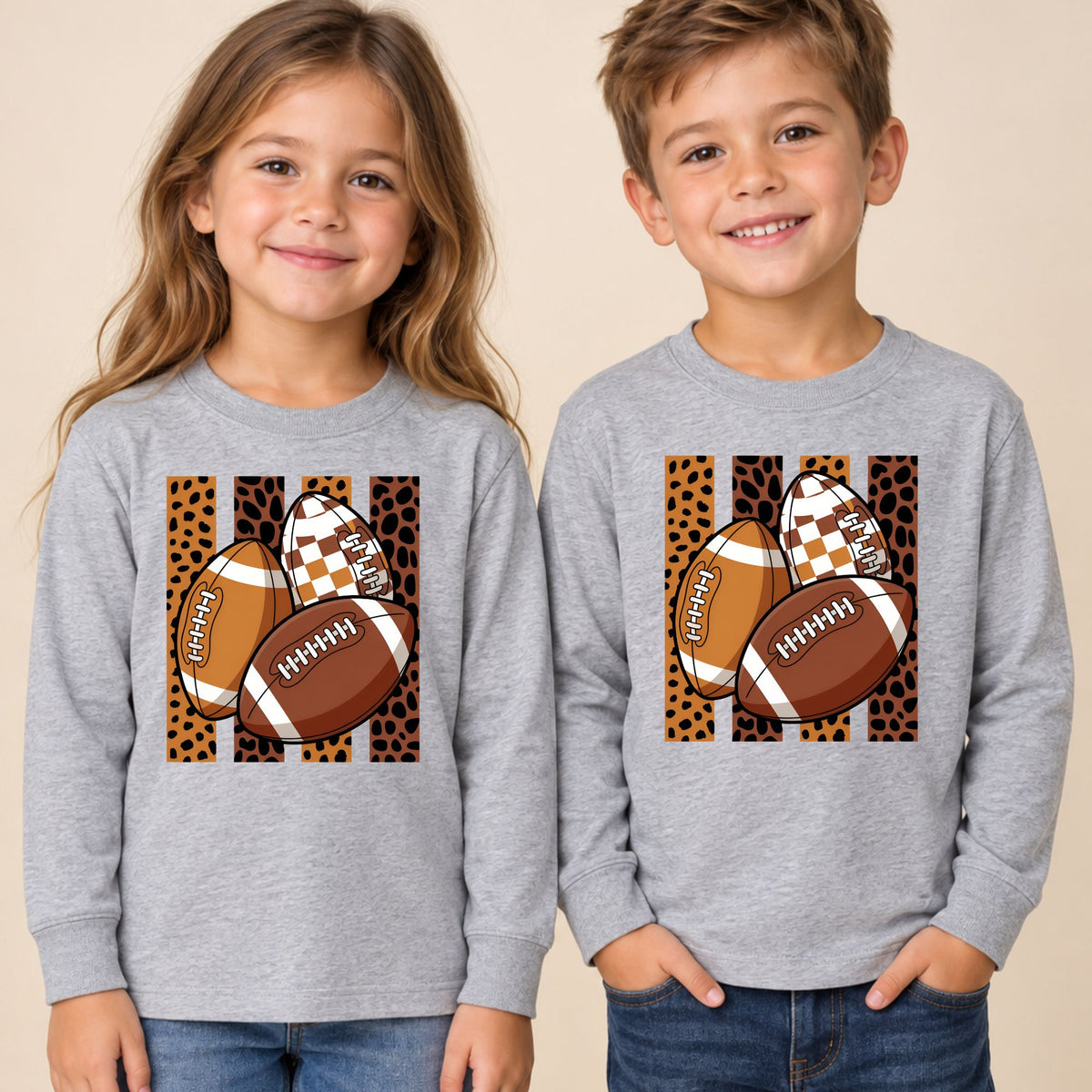 Leopard Football Game Day T-Shirt, Brown Checkered Football Season Tee for Youth