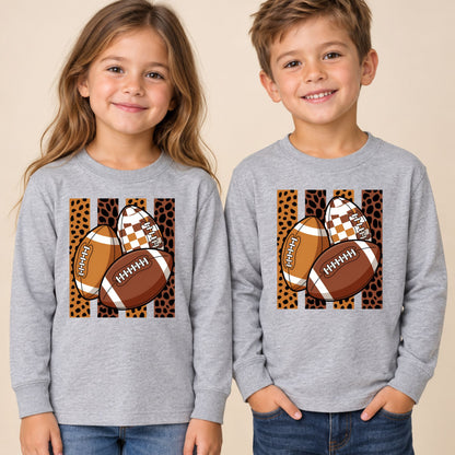 Leopard Football Game Day T-Shirt, Brown Checkered Football Season Tee for Youth