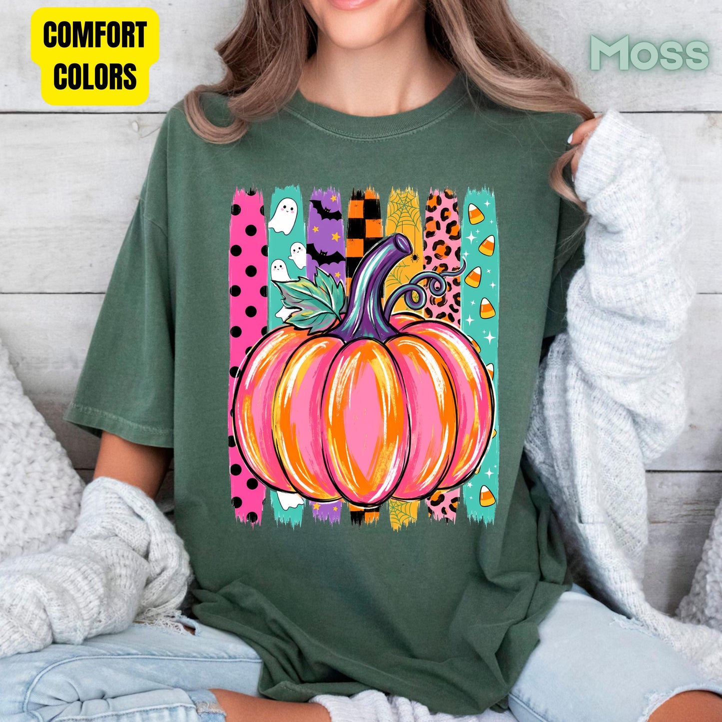 Halloween Pumpkin Brush Strokes Leopard Ghosts Candy Corn T-Shirt, Spooky Season Tee
