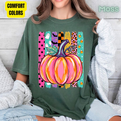 Halloween Pumpkin Brush Strokes Leopard Ghosts Candy Corn T-Shirt, Spooky Season Tee