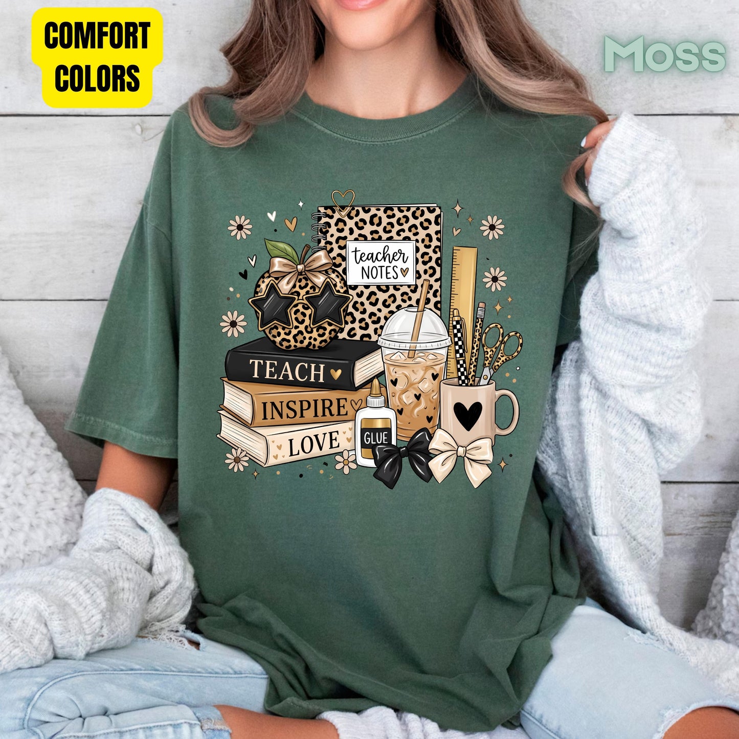 Teach Inspire Love Leopard Teacher T-Shirt, Notebook Coffee Iced Drink Comfort Color Tee