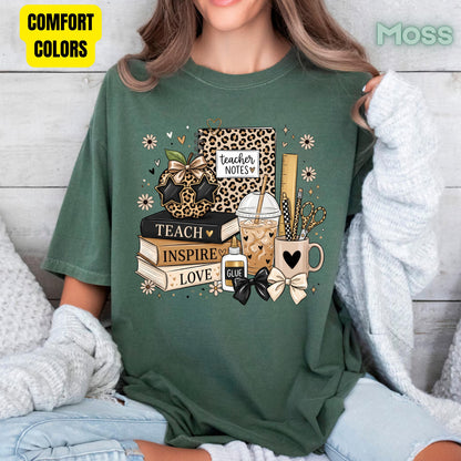 Teach Inspire Love Leopard Teacher T-Shirt, Notebook Coffee Iced Drink Comfort Color Tee