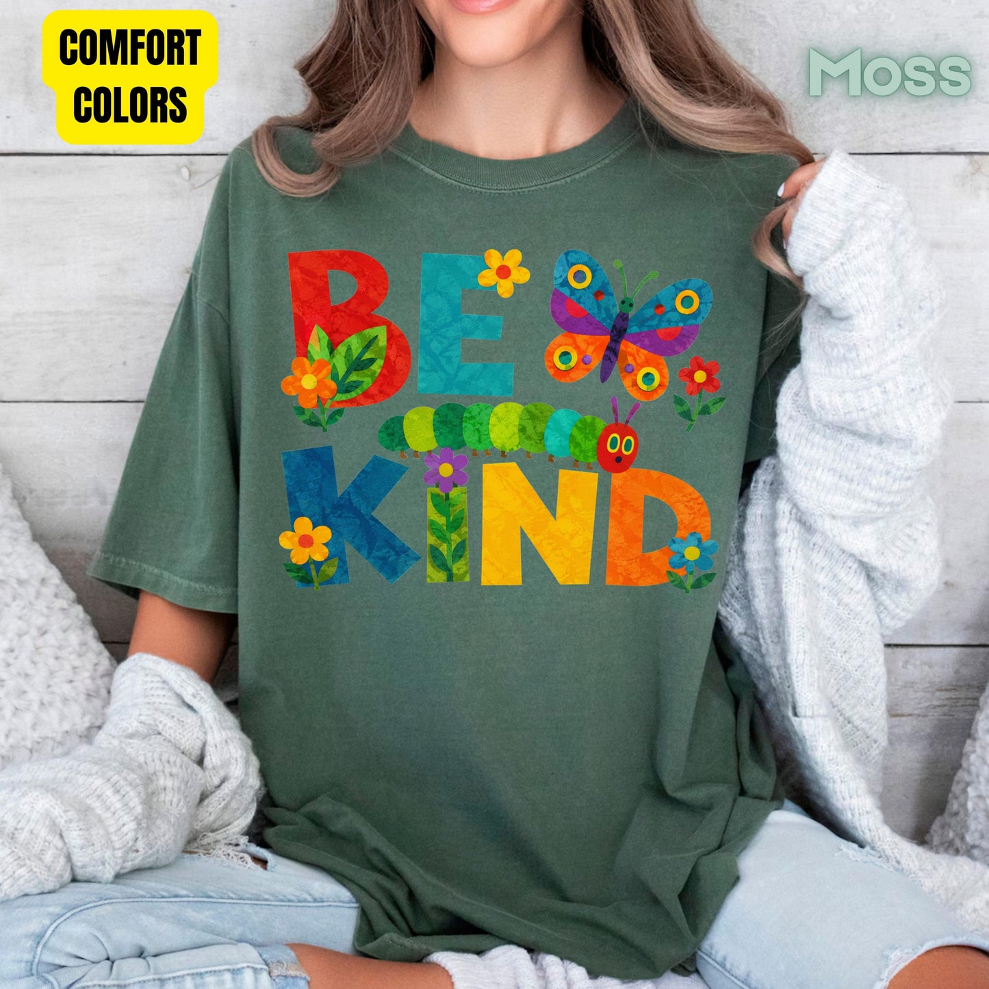 Be Kind Caterpillar Butterfly T-Shirt, Colorful Flowers Storybook Teacher Comfort Color Tee