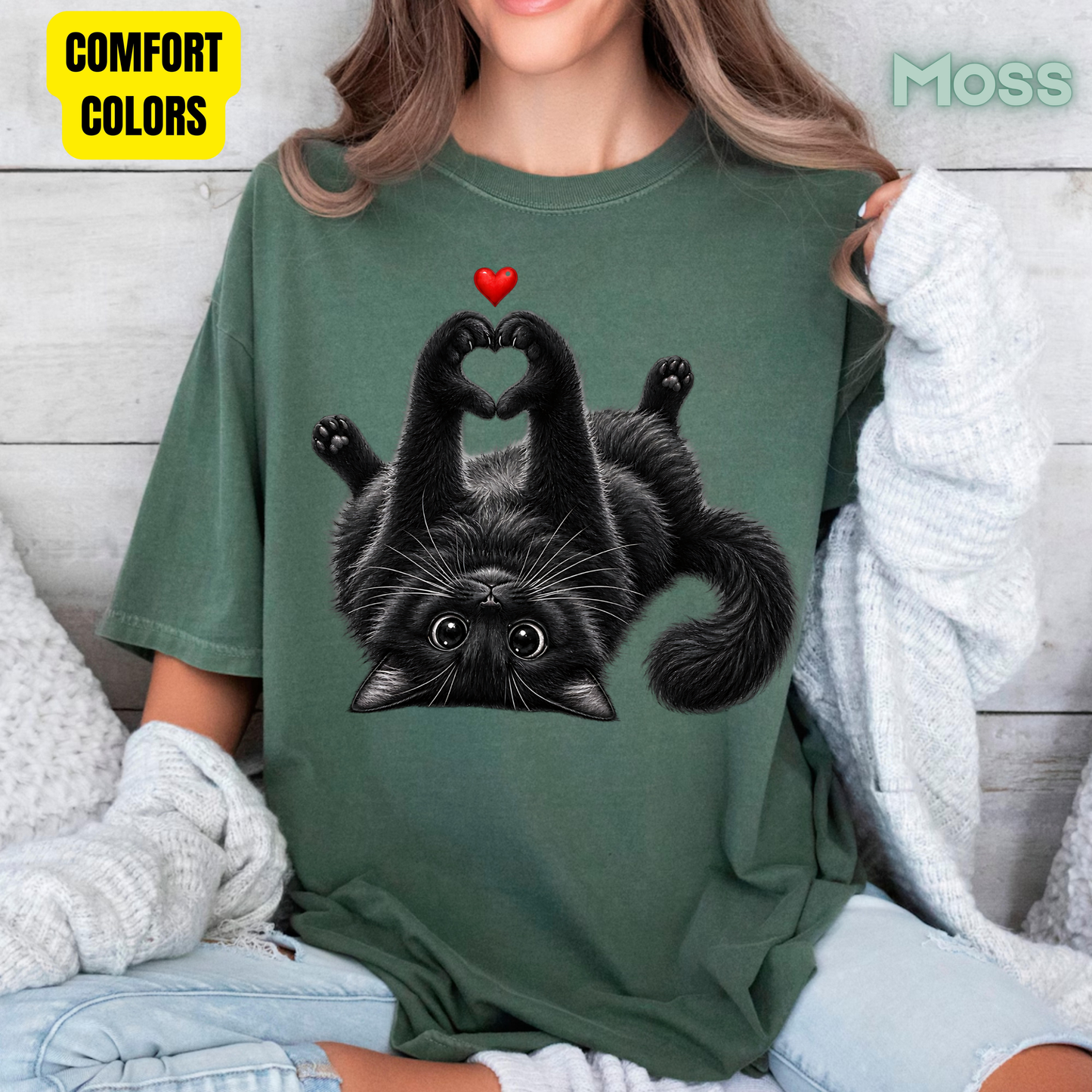 Black Cat Heart Hands T-Shirt, Cute Kitty Kitten Lover Heart Paws Love Tee