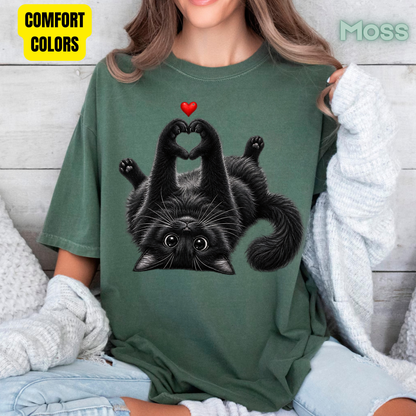 Black Cat Heart Hands T-Shirt, Cute Kitty Kitten Lover Heart Paws Love Tee