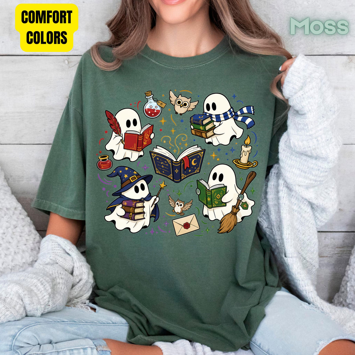 Reading Ghosts Spooky Bookish T-Shirt, Wizard Academy Halloween Comfort Color Tee