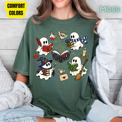 Reading Ghosts Spooky Bookish T-Shirt, Wizard Academy Halloween Comfort Color Tee