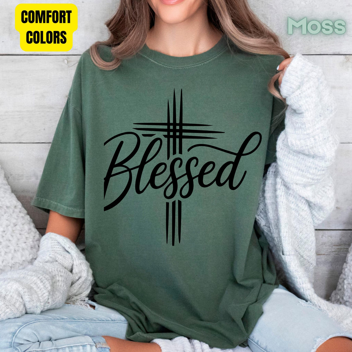 Blessed Cross Christian T-Shirt, Script Cursive Faith Minimalist Religious Tee Sweatshirt
