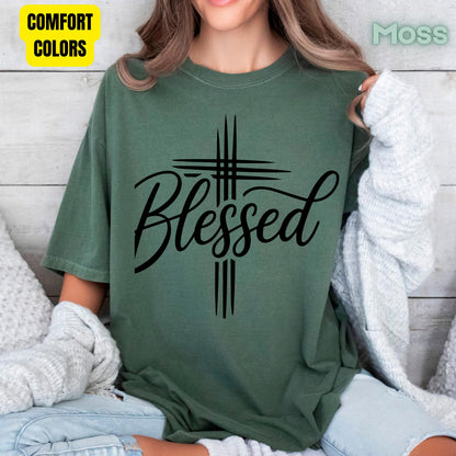 Blessed Cross Christian T-Shirt, Script Cursive Faith Minimalist Religious Tee Sweatshirt
