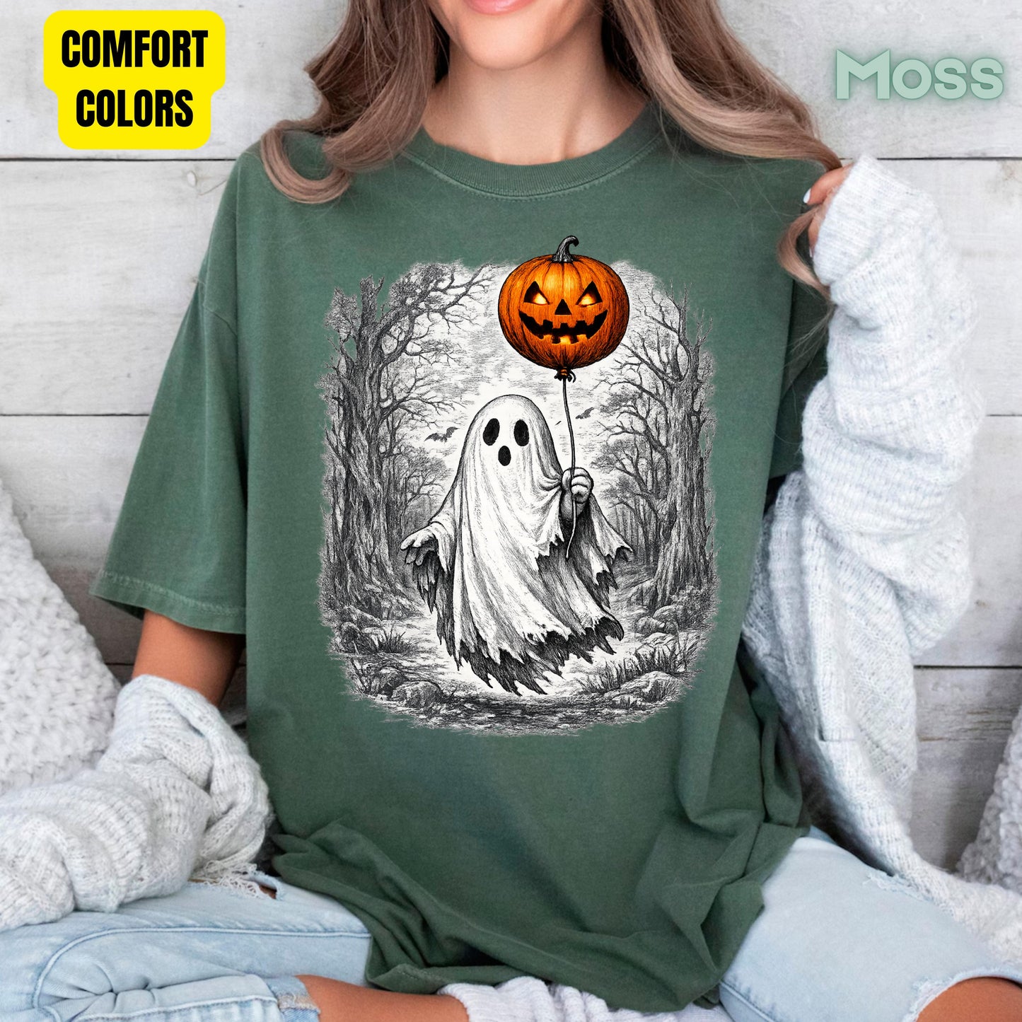 Vintage Halloween Ghost Pumpkin Balloon T-Shirt, Spooky Forest Retro Tee