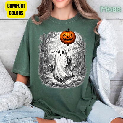Vintage Halloween Ghost Pumpkin Balloon T-Shirt, Spooky Forest Retro Tee
