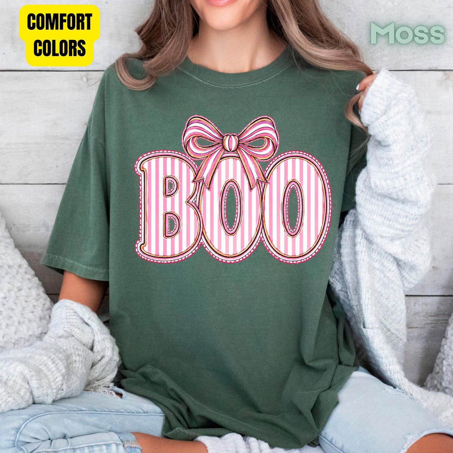 Boo Coquette Pink Bow Halloween T-Shirt, Striped Ribbon Cute Spooky Season Tee