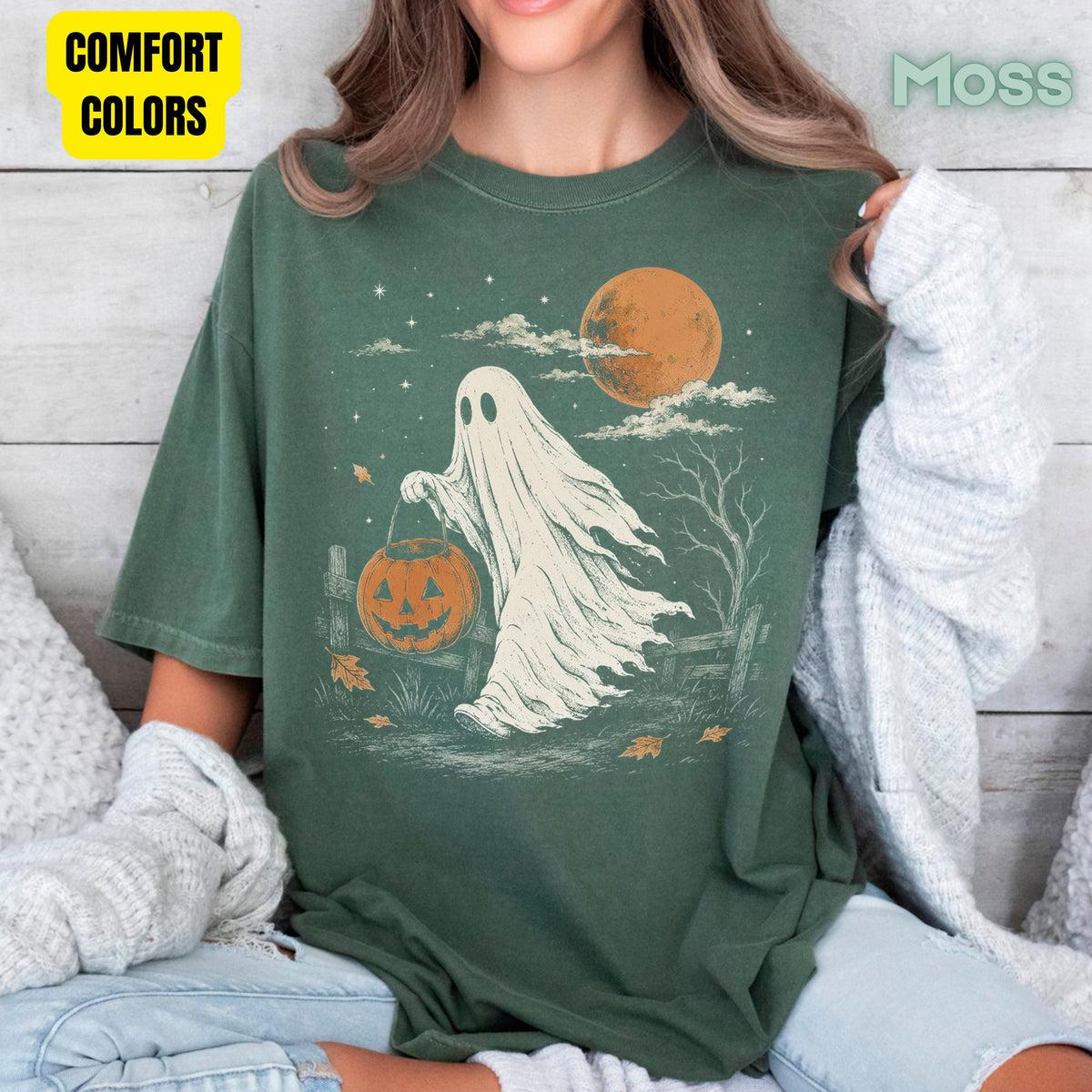 Vintage Halloween Ghost T-Shirt, Jack O Lantern Full Moon Sepia Neutral Tones Spooky Fall Tee