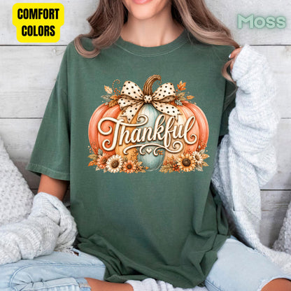 Thankful Comfort Colors T Shirts Pumpkin Cute Thanksgiving Tee Vintage Floral Bow Autumn Leaves Shirt Coquette Fall Graphic Sweatshirt