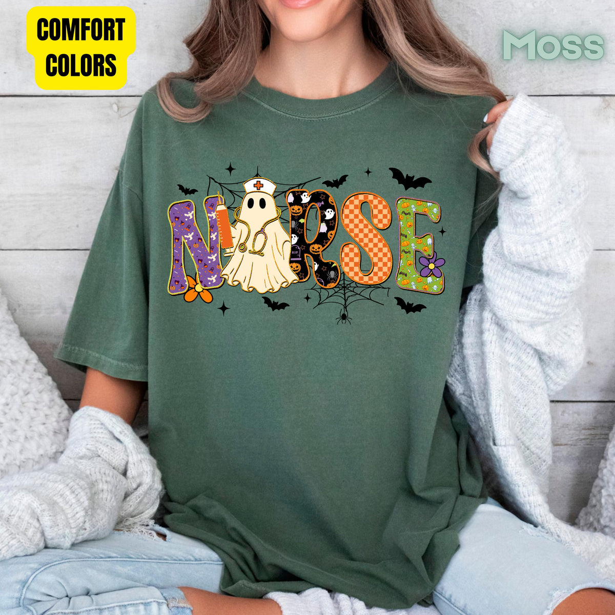 Halloween Nurse Ghost T-Shirt, Spooky Nurse Life Hat Syringe Bats Tee