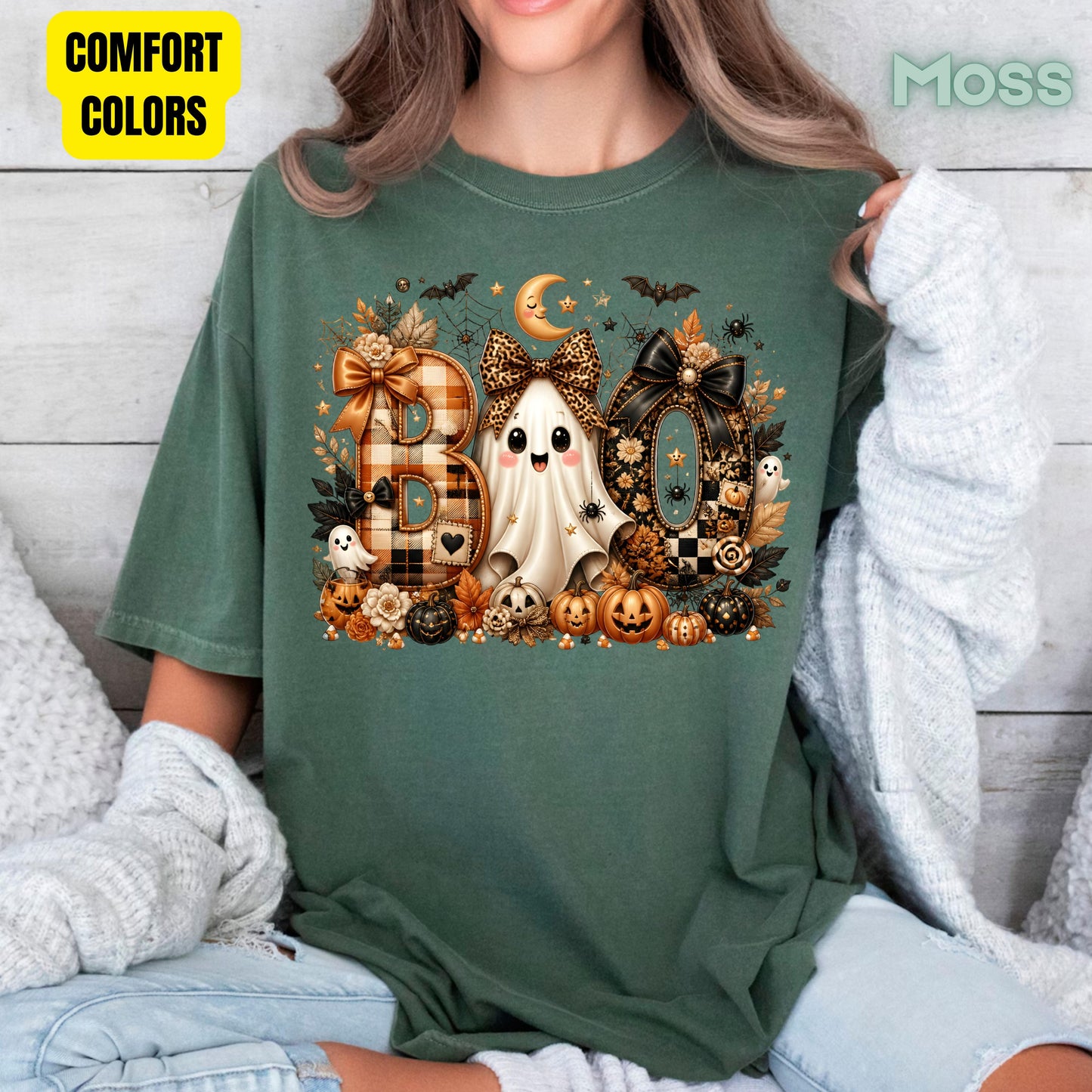 Halloween Boo Ghost T-Shirt, Cute Bows Orange Plaid Leopard Spooky Season Comfort Color Tee