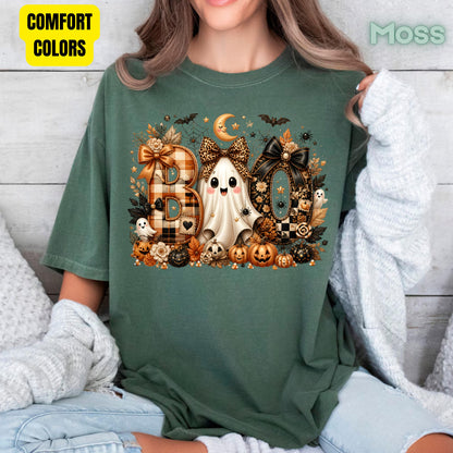 Halloween Boo Ghost T-Shirt, Cute Bows Orange Plaid Leopard Spooky Season Comfort Color Tee