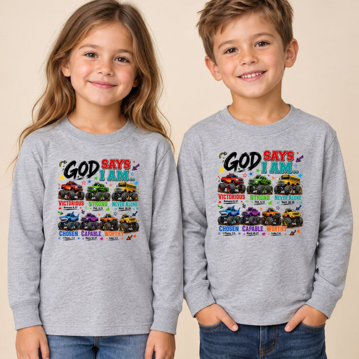 God Says I Am Monster Trucks Christian T-Shirt, Bible Verse Kids Religious Graphic Tee