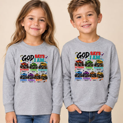 God Says I Am Monster Trucks Christian T-Shirt, Bible Verse Kids Religious Graphic Tee