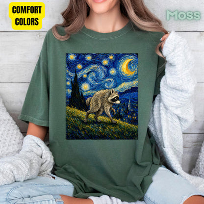 Starry Night Raccoon T-Shirt, Van Gogh Style Oil Painting Funny Wildlife Art Tee