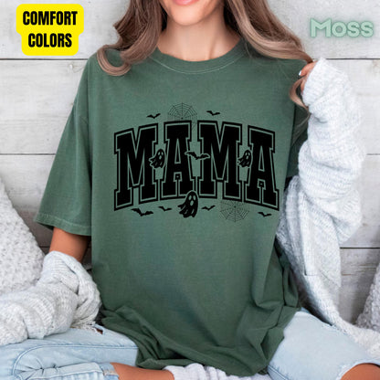 Mama Halloween Spooky Ghost Bats T-Shirt, Varsity Cute Mom Tee