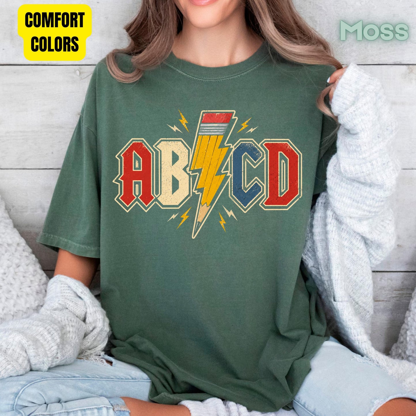AB CD Lightning Bolt Pencil Teacher T-Shirt, Rock N Roll Back to School Comfort Color Tee