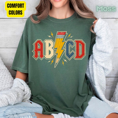 AB CD Lightning Bolt Pencil Teacher T-Shirt, Rock N Roll Back to School Comfort Color Tee